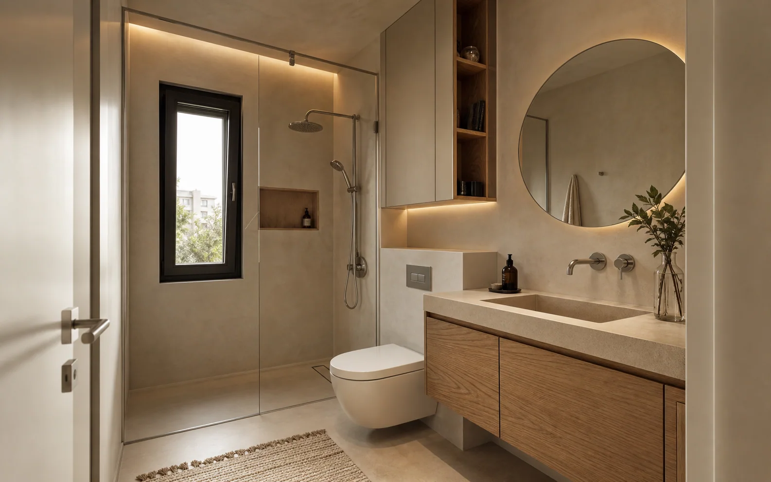 Duş, depolama ve aydınlatması bütün olarak tasarlanmış küçük banyo