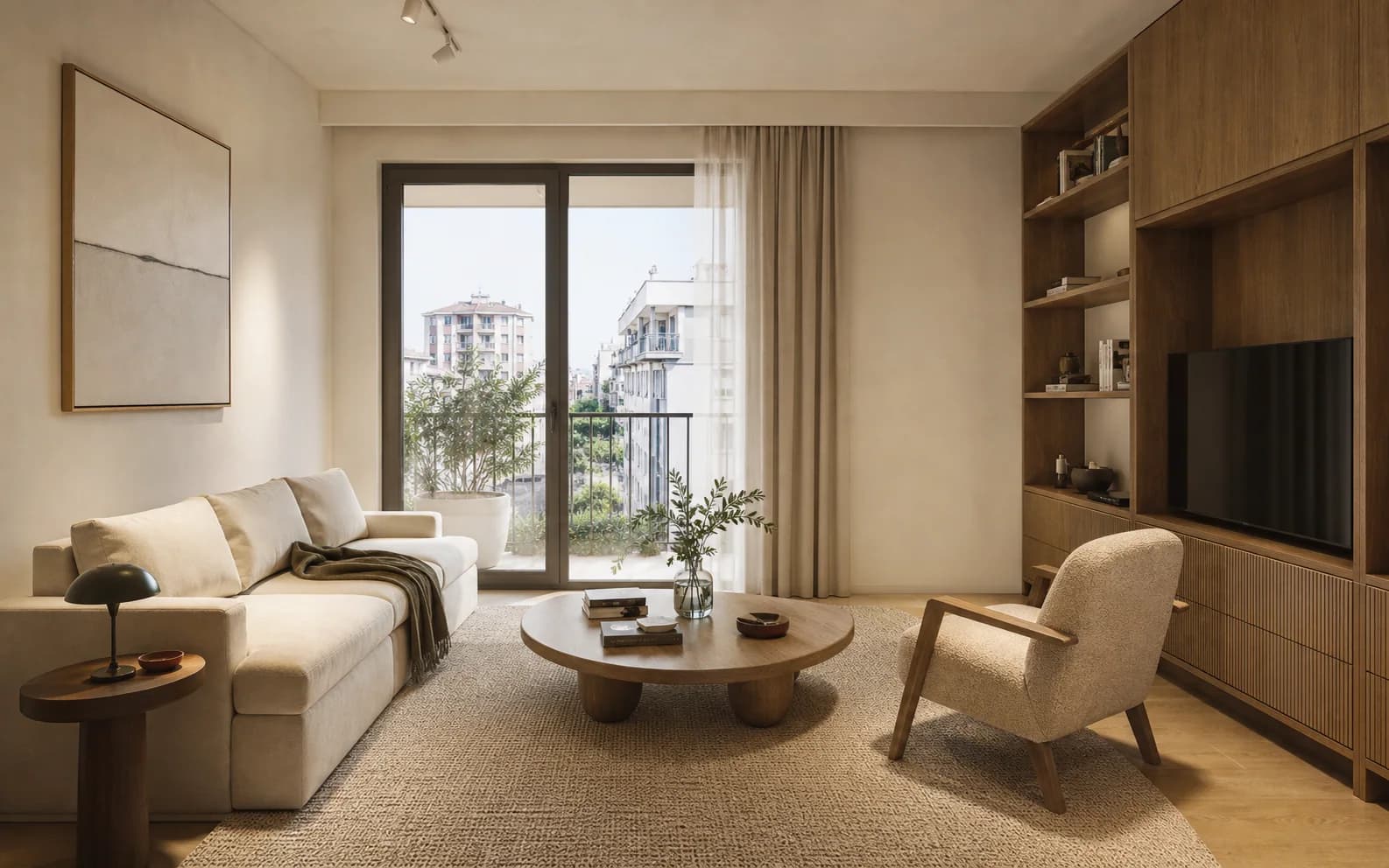 Sıcak ahşap tonları ve doğal ışıkla tasarlanmış çağdaş salon